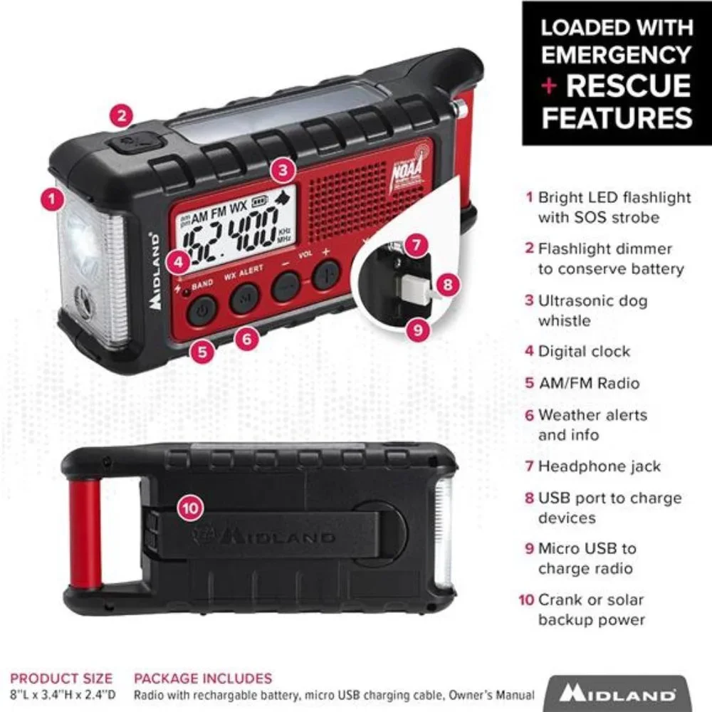 Emergency Crank Weather AM/FM Radio - Multiple Power Sources, SOS Emergency - Picture 4 of 6
